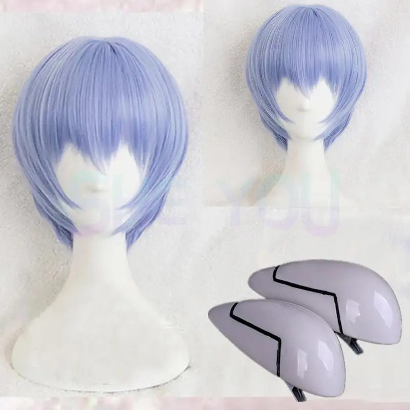 EVA Ayanami Rei Wig Short Light Blue Heat Resistant Synthetic Hair Cosplay Headwear Haripins + Wig Cap