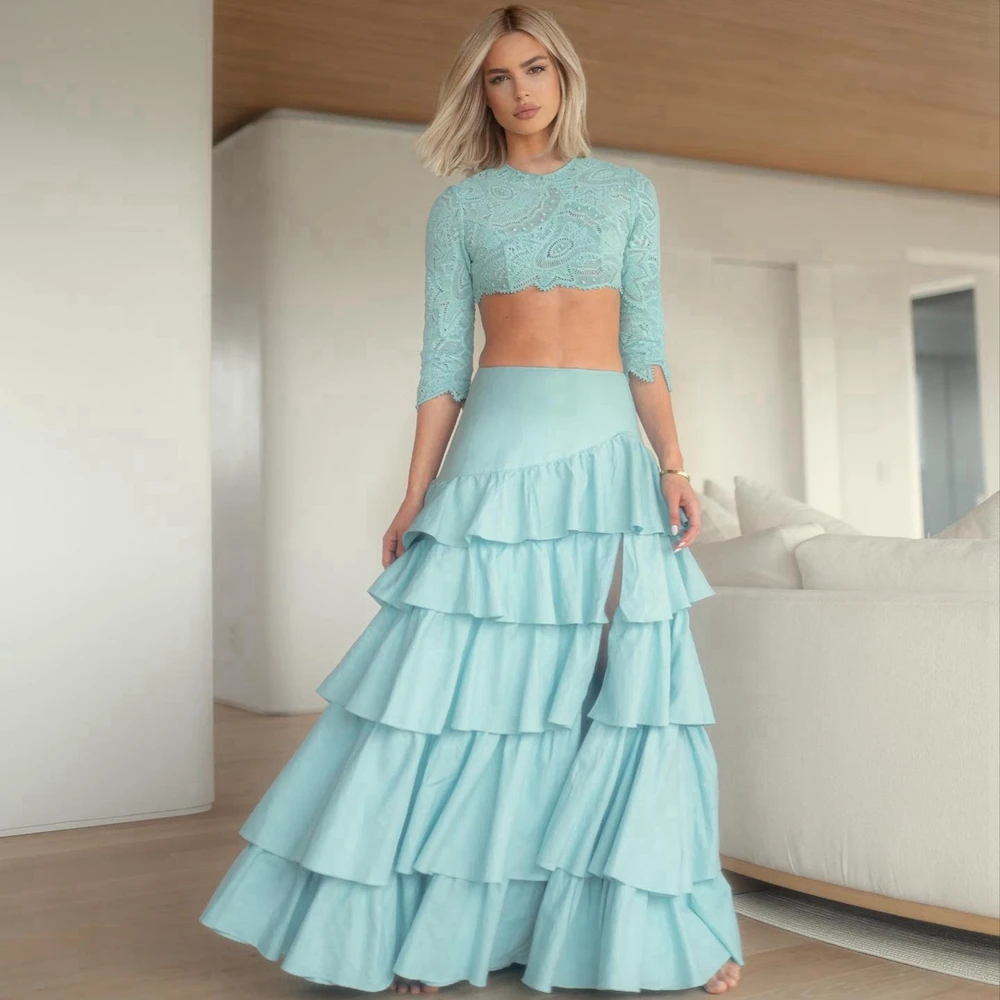 

Elegant Taffeta A-line Prom Skirts Pretty Ruffles Tiered Satin Long Celebrity Party Skirt Chic Side Split Women Skirt Customized