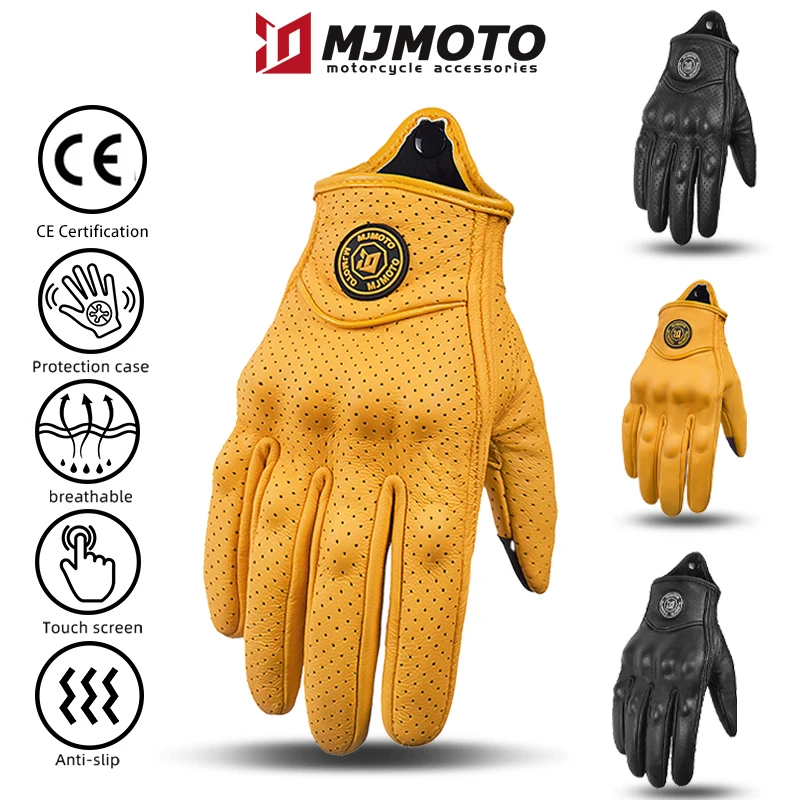 

Retro Leather Yellow Motorcycle Gloves Men Motocross Gloves Anti-fall Motorbike Gloves Perforation Breathable Moto Biker Gloves
