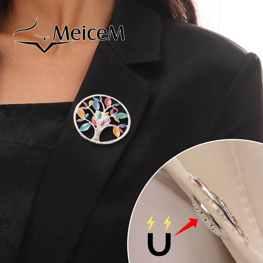 

MeiceM Magnetic Button Brooch Zinc Alloy Geometric Round Tree Of Life Drop Oil Cutout Design Elegant All-In-One Brooch For Women