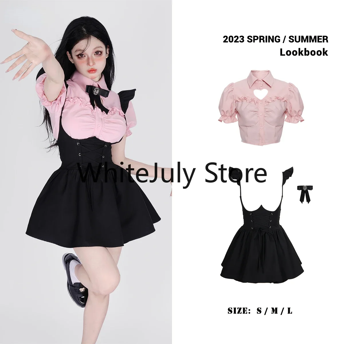 Summer Kawaii Clothing Pink Y2k Crop Tops Blouse + Black Mini Dress Two Piece Set for Women Casual Bodycon Korean Suit Chic