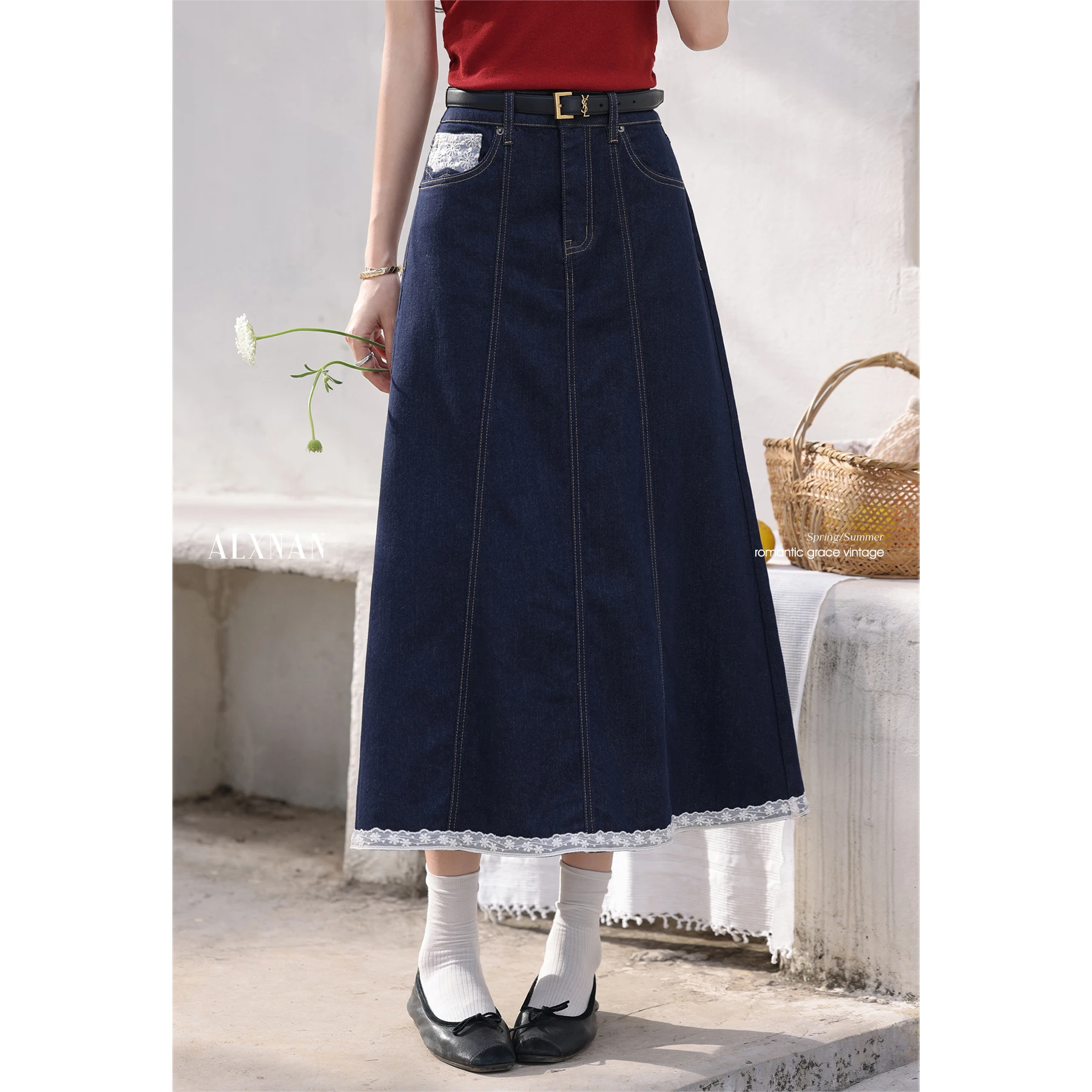 ALXNAN Women's Long Skirt Blue Vintage High-waist A-line Midi Denim Skirt 2025 Summer Casual Lace Design Ladies Clothing L55711