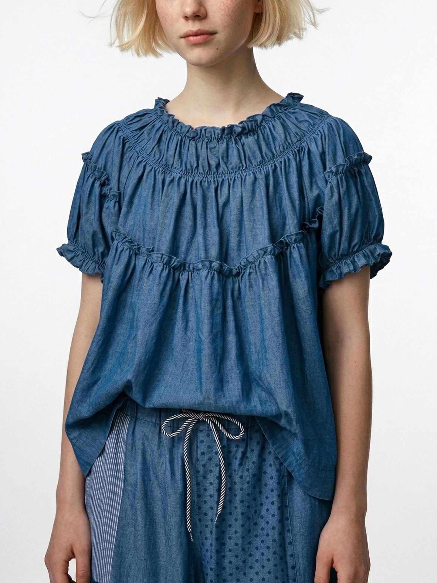 

Imakokoni Spring Forest Art Lace Cudgelet Round Neck Loose Top Blue Short Sleeve Shirt for Women 265381