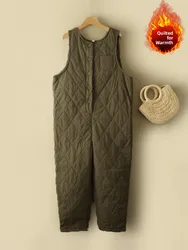 Warm Cotton Lined Pants Large Size Women's Clothing Anti-Aging One-Piece Suit Sleeveless Buckle round Neck Overall Pants
