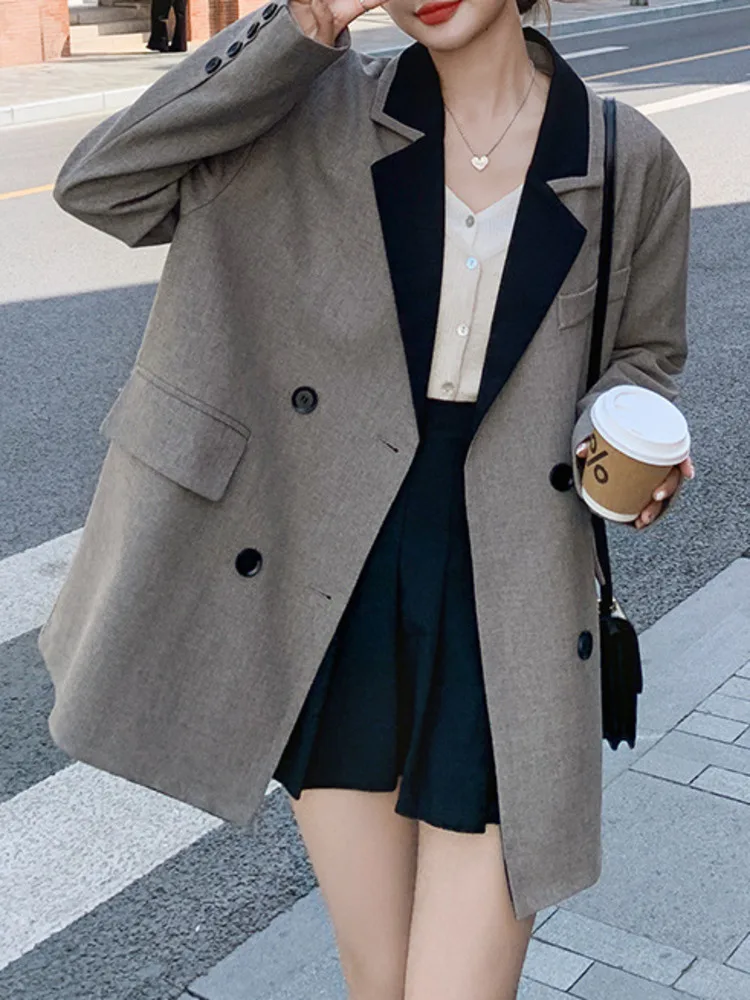 LANMREM Korean Style Design Contrast Color Notched Collar Long Sleeves Double Breasted Female Fashion Coat 2024 Autumn 2DA8380