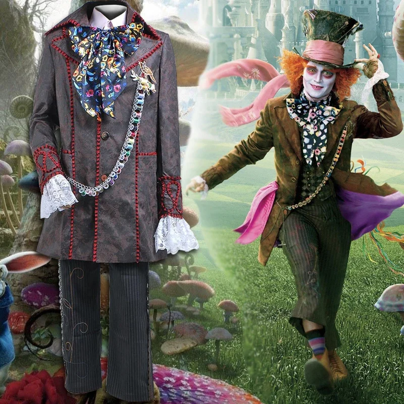 Alice Cosplay Johnny Depp as Mad Hatter Outfit Jacket Pants Tie Halloween Costume For Adult Full Suit Halloween hat shoes props
