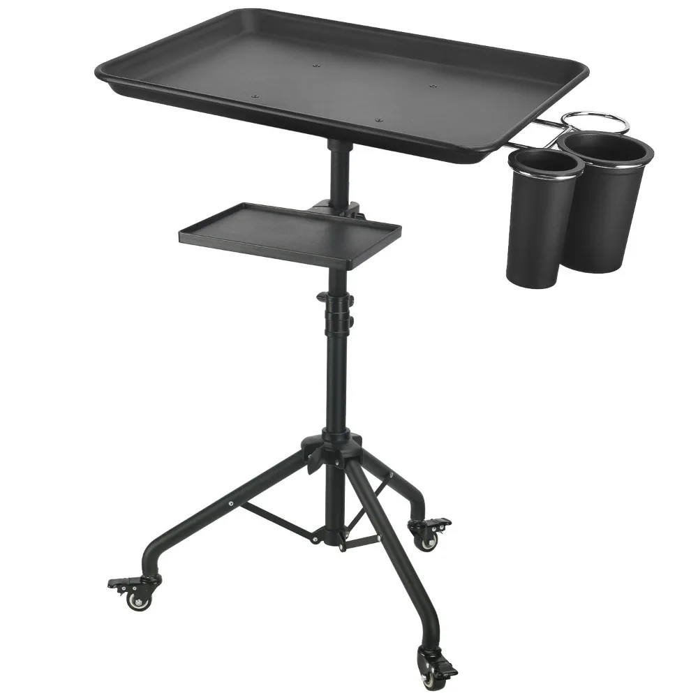 Salon Tray Cart on Wheels, Aluminum Tattoo Tray with Storage Platform, Adjustable Height Service Rolling Tray