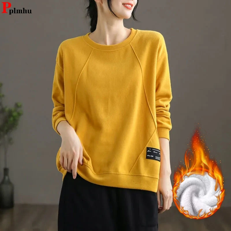 

Korean Woman Sweatshirt Plush Lined Winter Fall Sudaderas Warm Long Sleeve Top Thick Loose Pullover O-neck Basics Trend Polerone