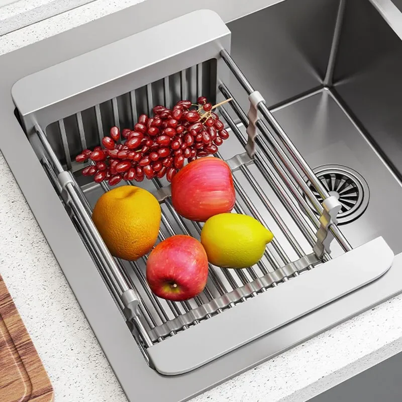 Adjustable Drain Rack Stainless Steel Telescopic Drain Rack Fruit Vegetable Drainer Basket Household Kitchen Sink Dish Drainer