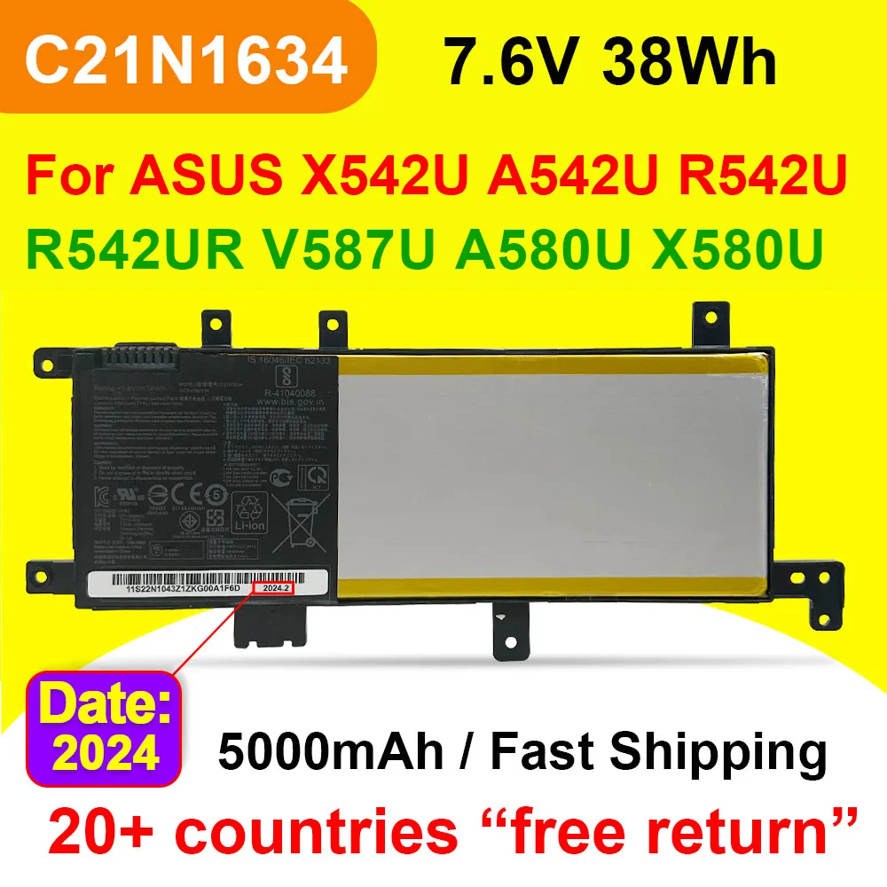 

C21N1634 For ASUS X542U A542U R542U R542UR V587U A580U X580U X580B FL5900L FL8000L Series Laptop Battery 7.6V 38Wh 5000mAh