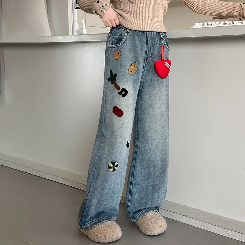

Girls' Pants Large Size Girl's Warm Fleece Jeans Thick Fleece Straight and Narrow Fit Wide leg pants