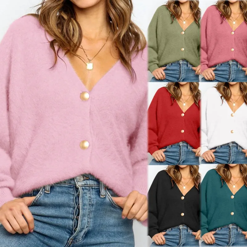 Autumn And Winter Women's Clothing Deep V-neck Backless Button Cardigan Knitted Sweater