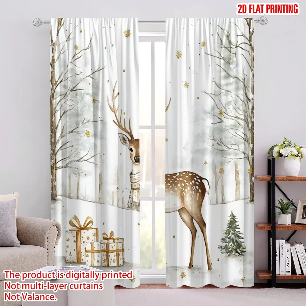 

2pcs 2D flat printing Christmas Scene Curtain elk2 Polyester Fabric Without Electricity Family Party Use for Indoor Celebrations