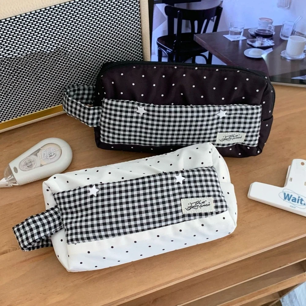 Duży piórnik z tkaniny w kratę, piórnik w kropki z gwiazdkami, koreańska torba na artykuły piśmiennicze, organizer na biurko, szkolny piórnik.