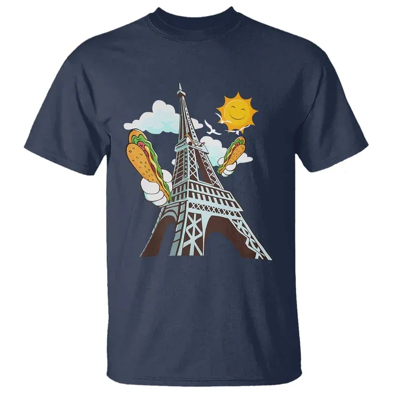 Cute Hotdog Eiffel Tower Graphic T Shirt For Men And Women Funny French American Heritage Month T-Shirt Street Harajuku Kid Tees