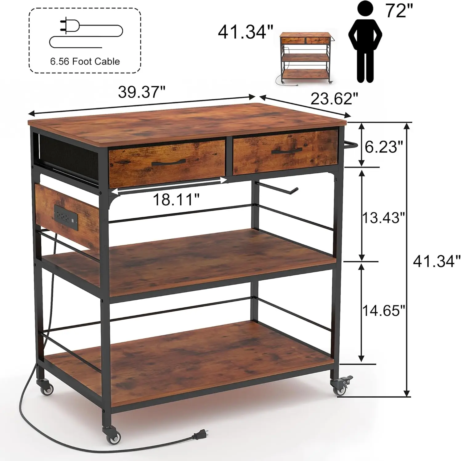 chen Island With Storage,Rolling Kitchen Island Cart With Power Outlet,Industrial Kitchen Island On Wheels,Kitchen Cart For