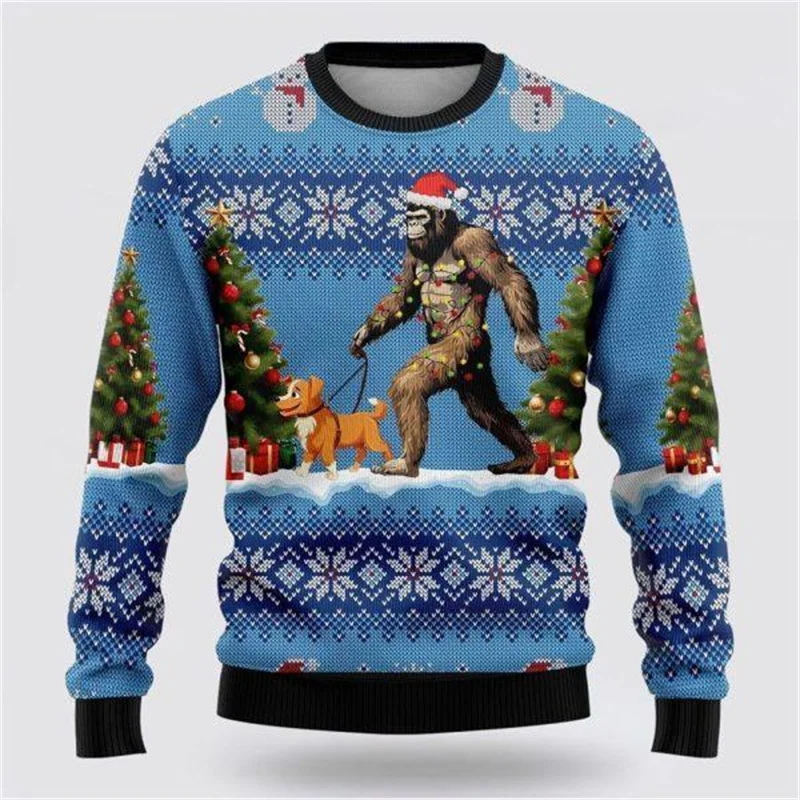 Merry Christmas 3DPrint Sweatshirts Bigfoot Orangutan And-Ape Graphic Ugly Christmas Sweater Women New In Sweaters Mens Clothing