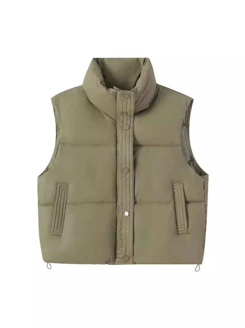 Women's 2024 New Winter Down Cotton Vest Jackets Sleevele Stand Collar Parkas Warm Short Vest Solid Color White Brown Green