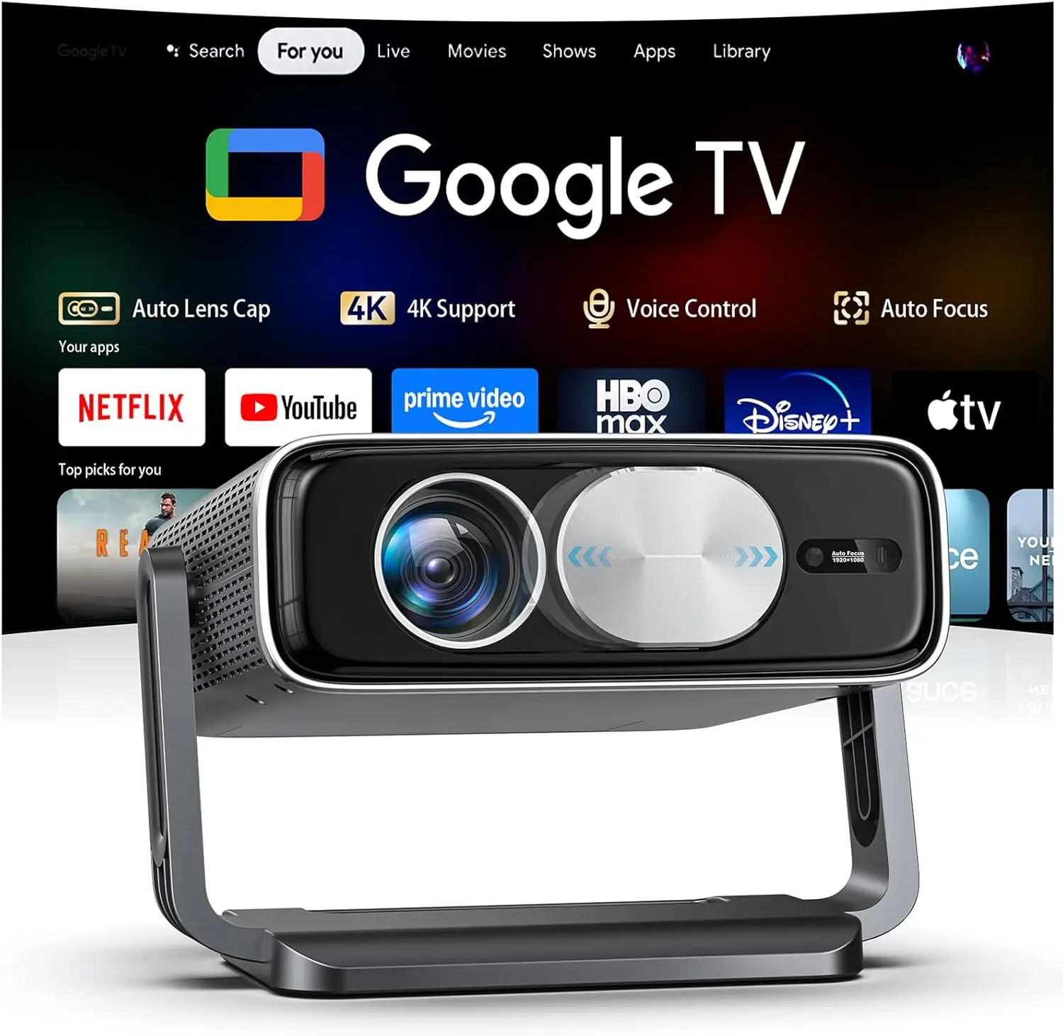 

Smart Projector [Bundled with Google TV Stick and 4K Support] with WiFi and Bluetooth,2500ANSI, Auto Lens Cap, Portable