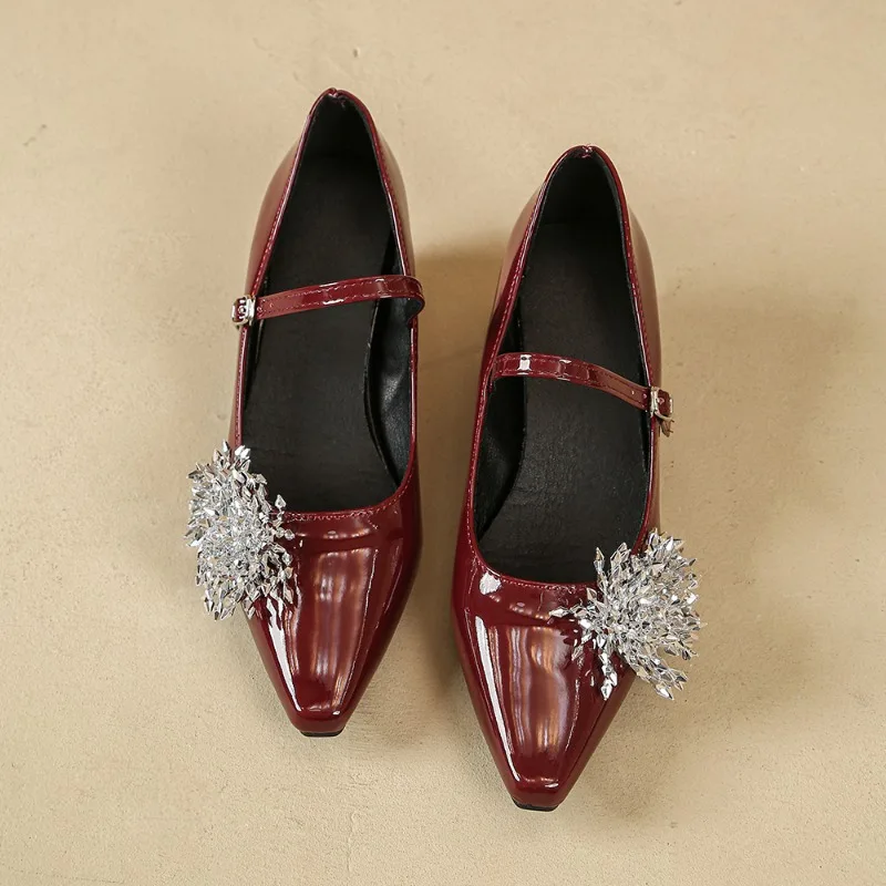 

French Rhinestone Mary Jane Shoes Women's New Spring Inside Heightened One Buckle Strap Pointed Toe Shoes