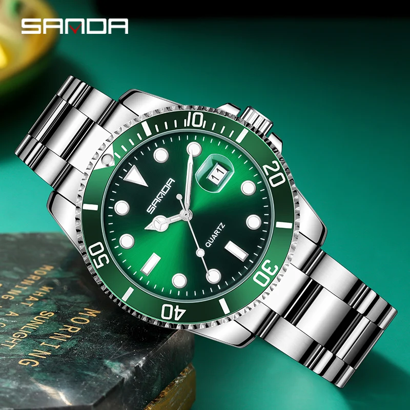 

SANDA Quartz Watch Men Fashion Green Water Ghost Watches Simple Calendar Display 30M Waterproof Clock Mens Business Watch Reloj