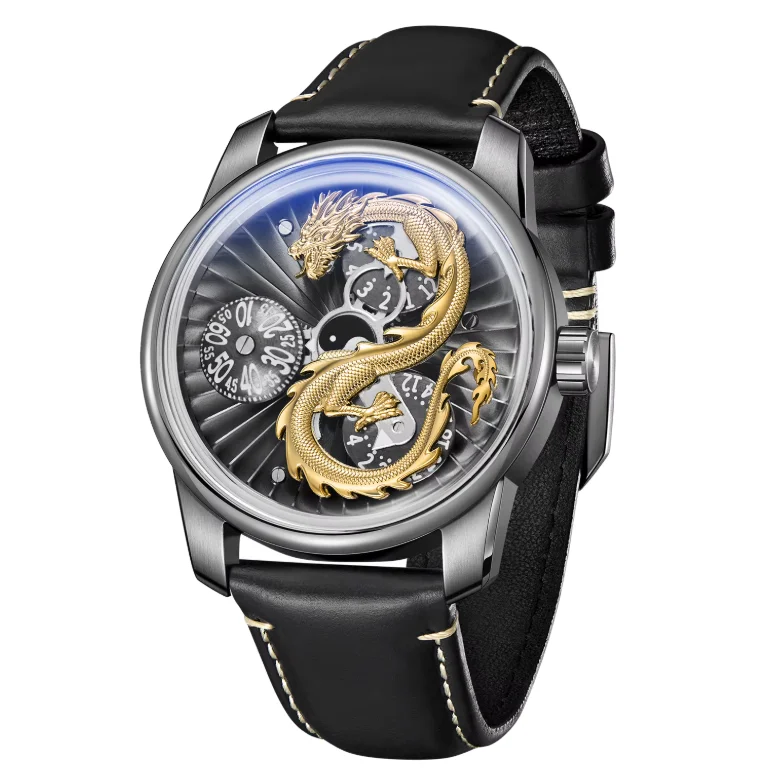 OBLVLO Men Automatic Watch 45mm Mechanical Wristwatch Luminous Waterproof Rotatable Dragon Dial Sapphire Mirror