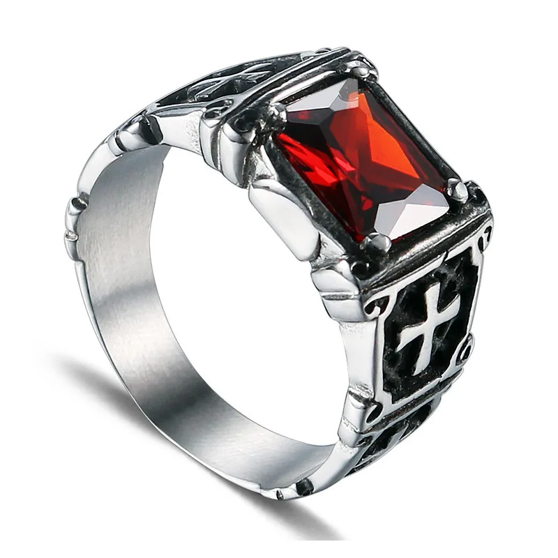 

Men's Gothic Cross Ring, Stainless Steel Red Cubic Zirconia Statement Ring, Vintage Punk Style Jewelry for Biker & Hip Hop
