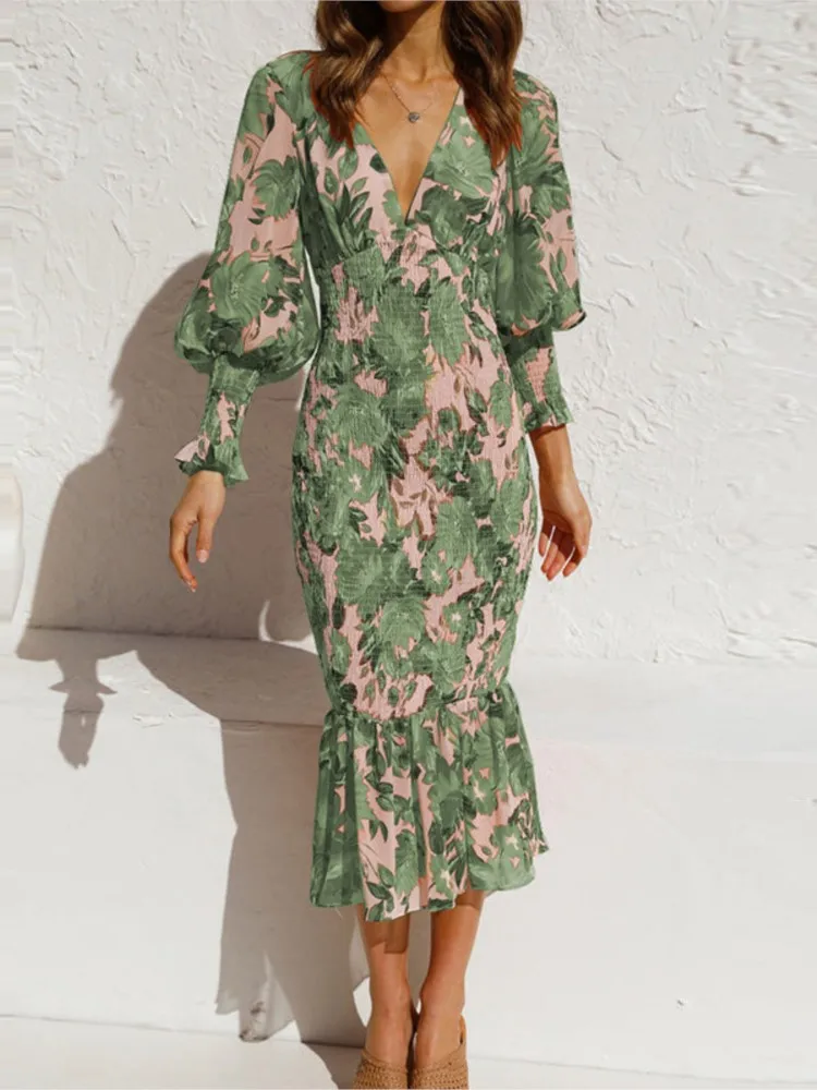 2024 Spring Autumn New Fashionable Printed Sexy V-neck Slimming Fishtail Seven Quarter Sleeve Princess Sleeve Dress