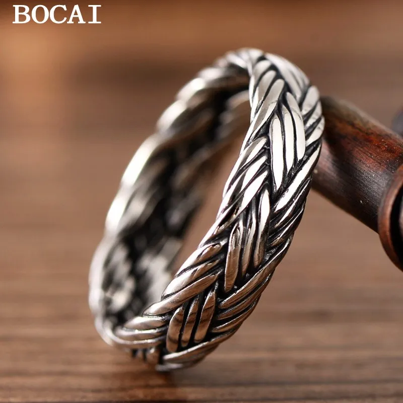 

BOCAI New s925 Sterling Silver Jewelry Retro Small Trendy and Personalized Three-knit Women's Ring