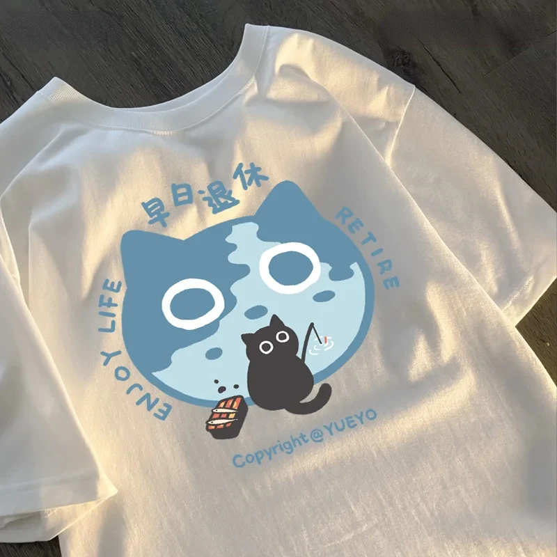 New Black Cat Fishing Japanese Instagram Spring Trend Early Retirement Life Pure Cotton Short Sleeved T-shirt for Men and Women