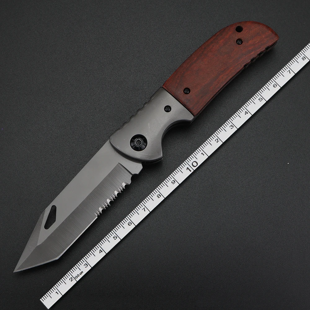 Sawtooth outdoor multifunctional wooden handle folding knife camping EDC tool knife high hardness hunting knife