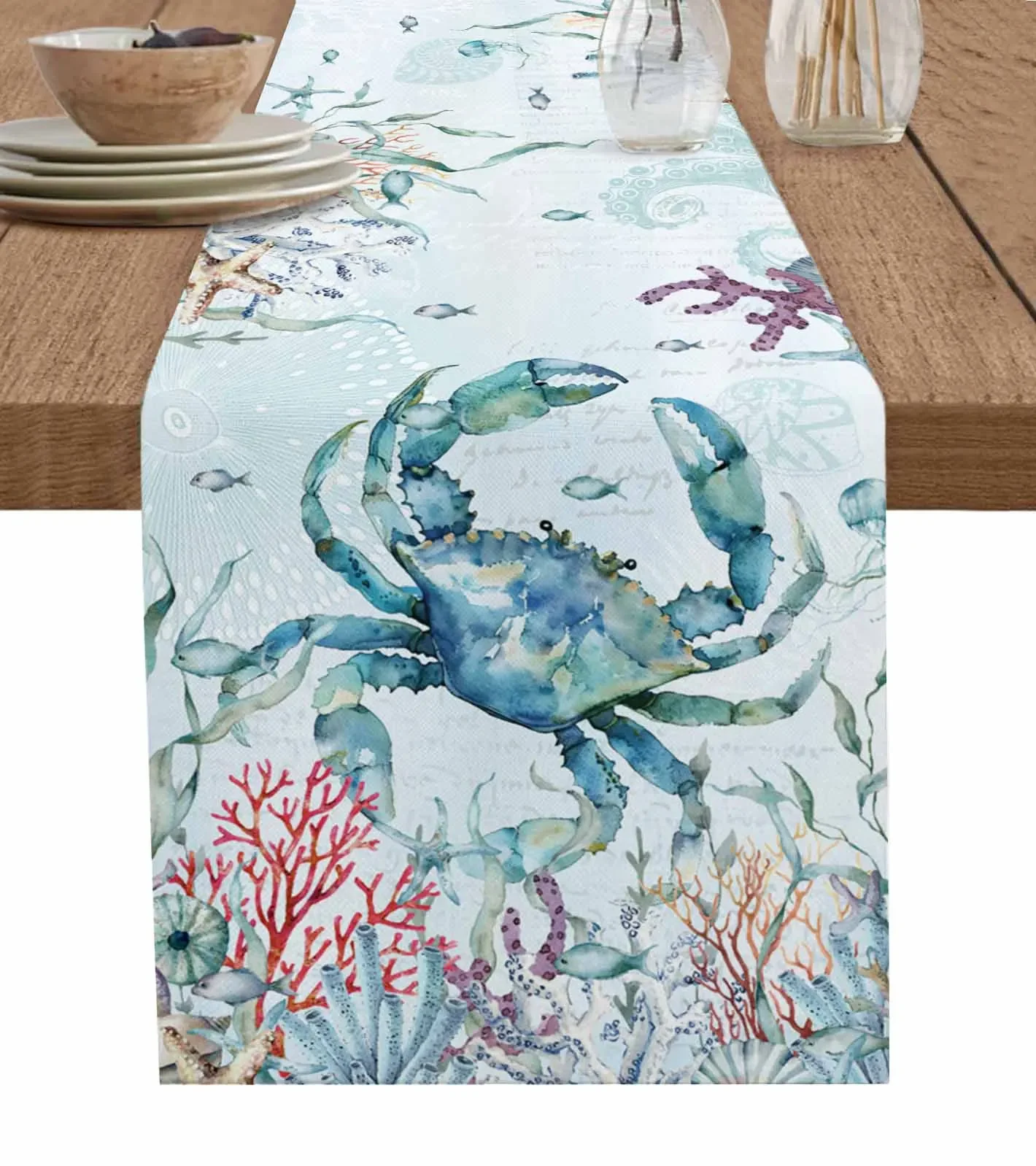 Marine Life Coral Blue Crab Starfish Jellyfish Linen Table Runners Kitchen Table Decoration Dining Table Wedding Party Supplies