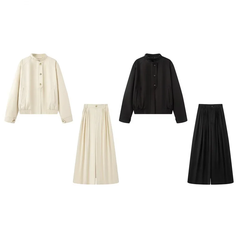 European and American Style New Fashionable Elegant Chinese Style Solid Color Textured Women's Button Jacket+Pants Suit