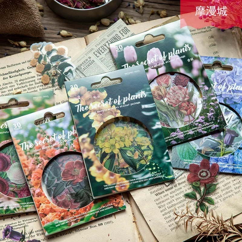 30pcs Plant Secret PET Stickers Bag Retro Flower Hand-account DIY Material Decoration Sticker