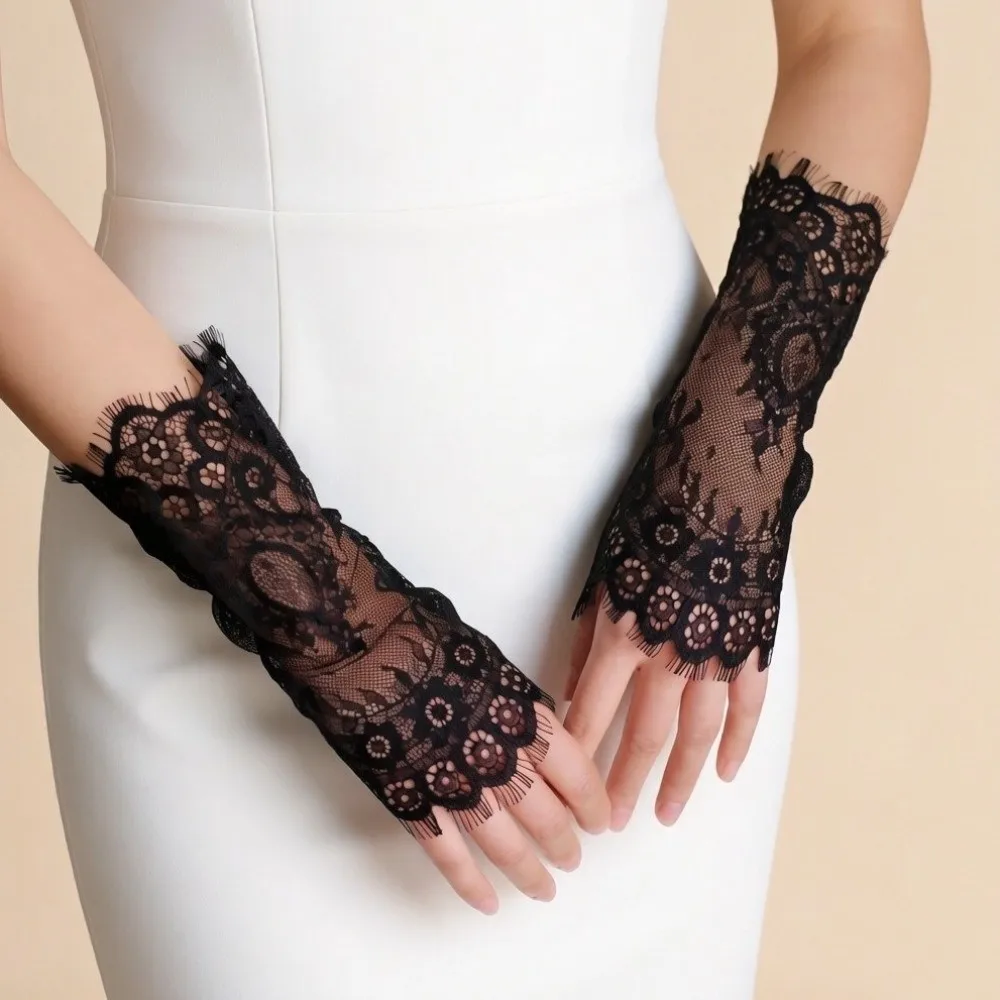 Pearls Decoration Fingerless Lace Gloves Mesh Ruffle Edge Bridal Arm Sleeves Solid Color Thin Wedding Gloves Sun Protection