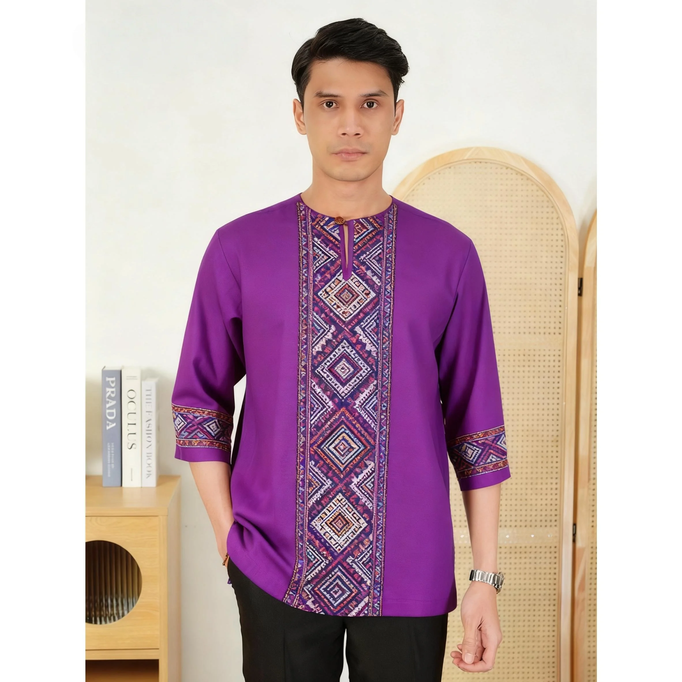 Muslim Men Islamic Arabic Abaya Short Sleeves T-Shirt Ethnic Print Stand Collar Youth Luxury Coat Casual Fashion Clothing