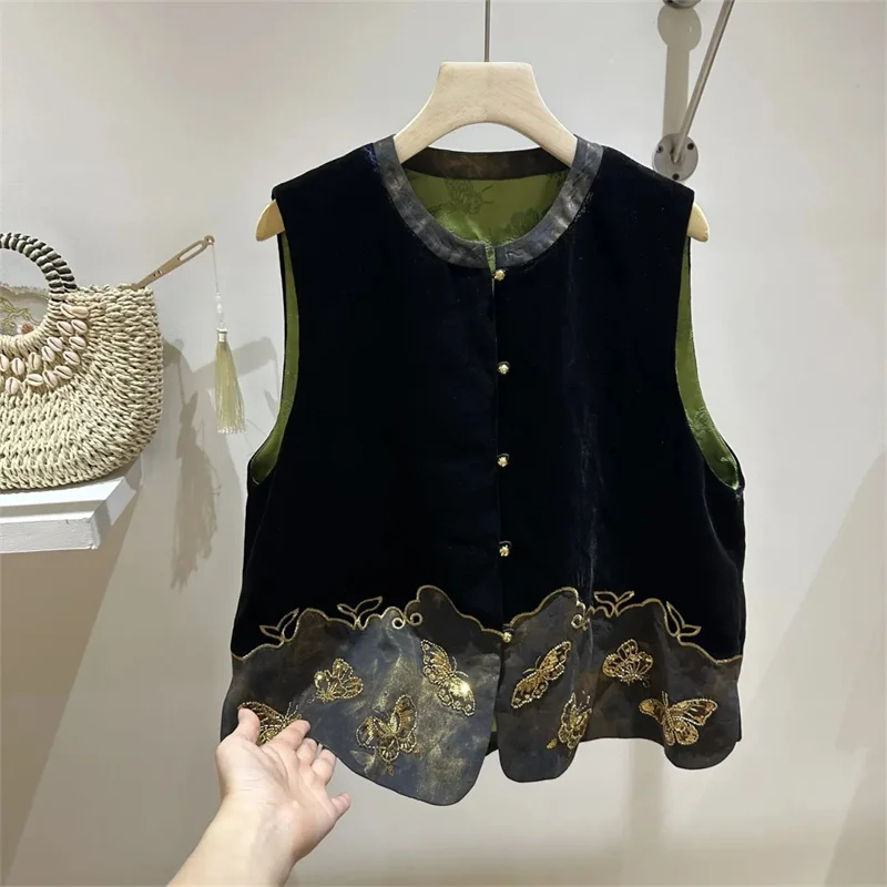 

Women's Jackets Women's Vest New Fashion Velvet Vest Women's Beautiful Embroidered Coat Autumn Chinese Vest Seeveless Vest Coat