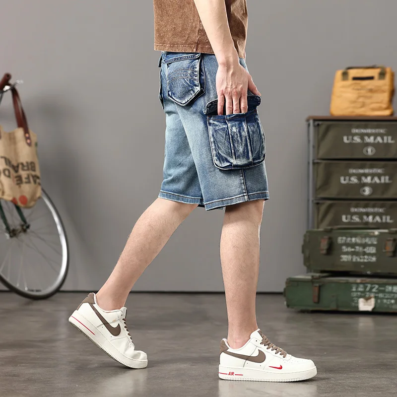 New summer models Men's style of work clothes denim shorts Loose large size multi-pocket outdoor denim shorts men