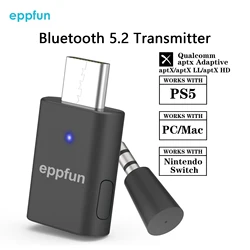 eppfun AK3040Pro USB-C Qualcomm aptX-Adaptive Bluetooth 5.2 Transmitter for PC/Mac/PS5, Dual Connection Audio Dongle Adapter