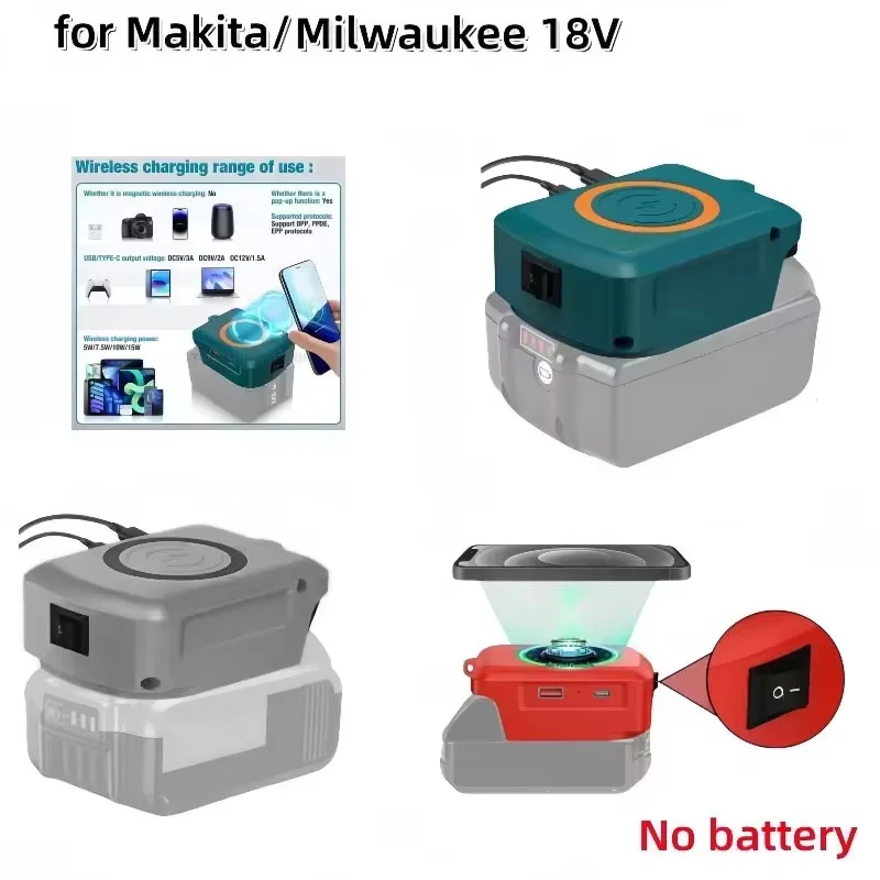 

Fast Charger for Dewalt/Makita/Milwaukee18V Li-ion Battery Wireless Charger Adapter with USB and Type-C Ports Bank Phone Charger
