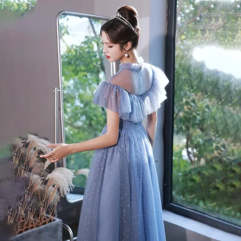 It's Yiiya Customized Evening Dress Blue Tulle Ruffles Appliques Beads Floor-Length A-Line Plus size Woman Formal Party Gowns