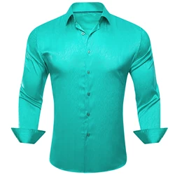 Silk Shirts for Men Satin Green Turquoise Solid Plain Long Sleeve Slim Male Blouse Casual Formal Tops Breathable Barry Wang