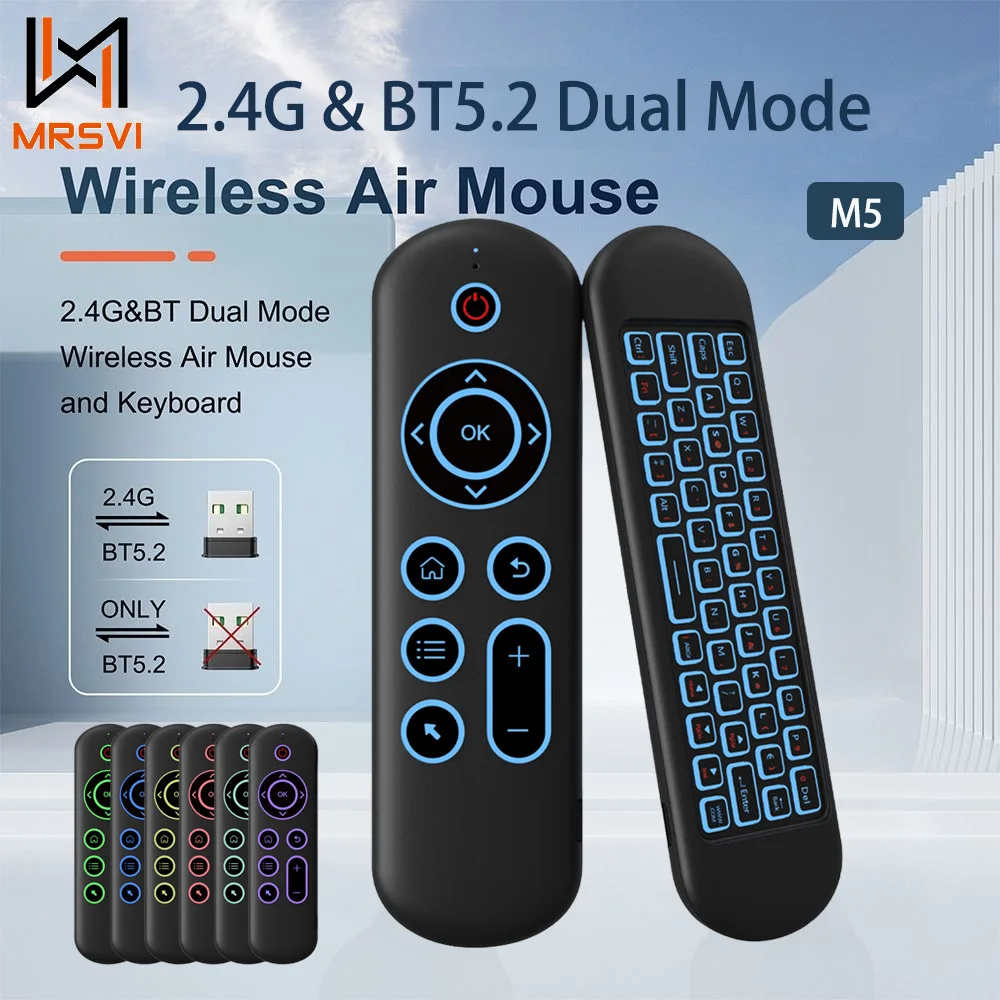 MRSVI M5 Air Mouse télécommande de remplacement sans fil 2.4G Bluetooth avec clavier rétro-éclairé 7 couleurs pour Android TV Box