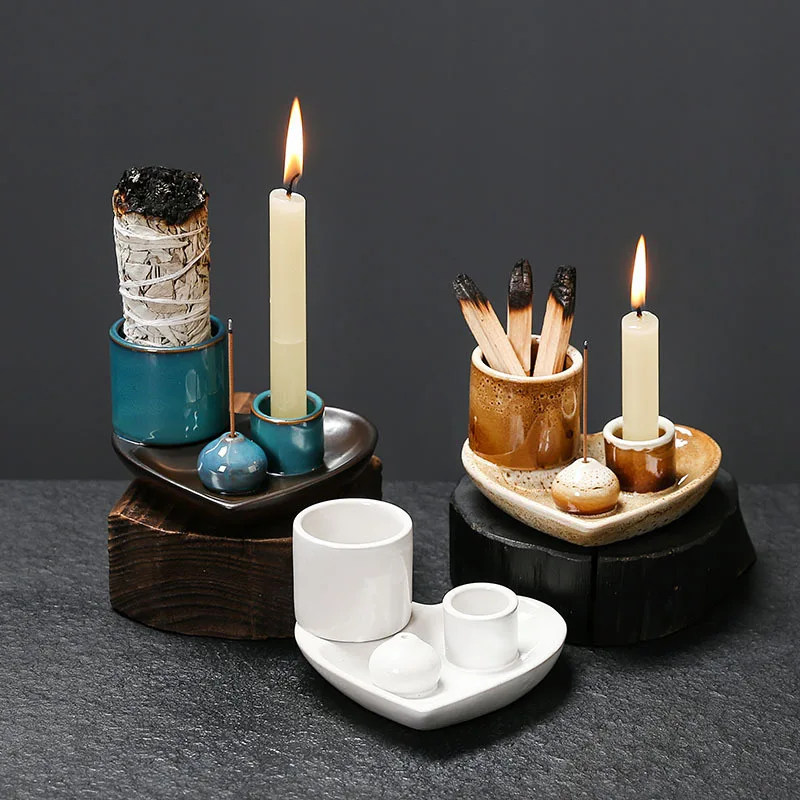 5-in-1-Räucherstäbchen- und Kerzenhalter aus Keramik mit Aschefänger, perfekt für Salbe, brennende Flecken, Meditation und Yoga-Räucherstäbchenhalter