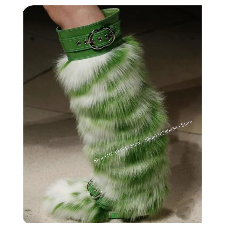 Green Fur Boots Knee High Button Decor Buckle Strap Fashionable Sexy Novel Style Summer 2023 Woman Shoes Zapatillas Mujer