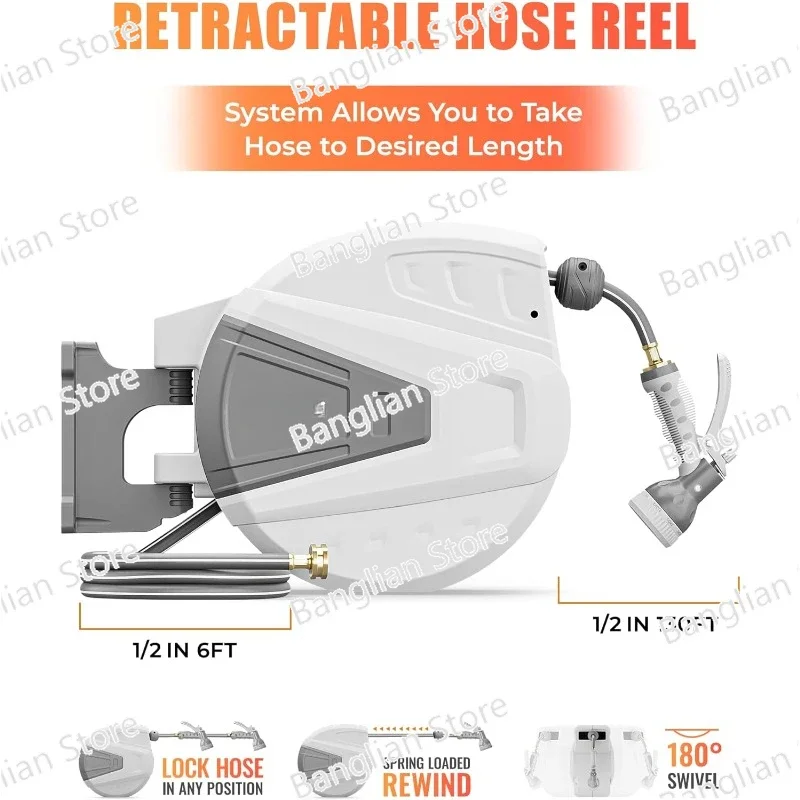 Retractable Garden Hose Reel,1/2 in X 130 Ft Wall Mounted Hose Reel, with 9- Function Sprayer Nozzle,Any Length Lock/Slow