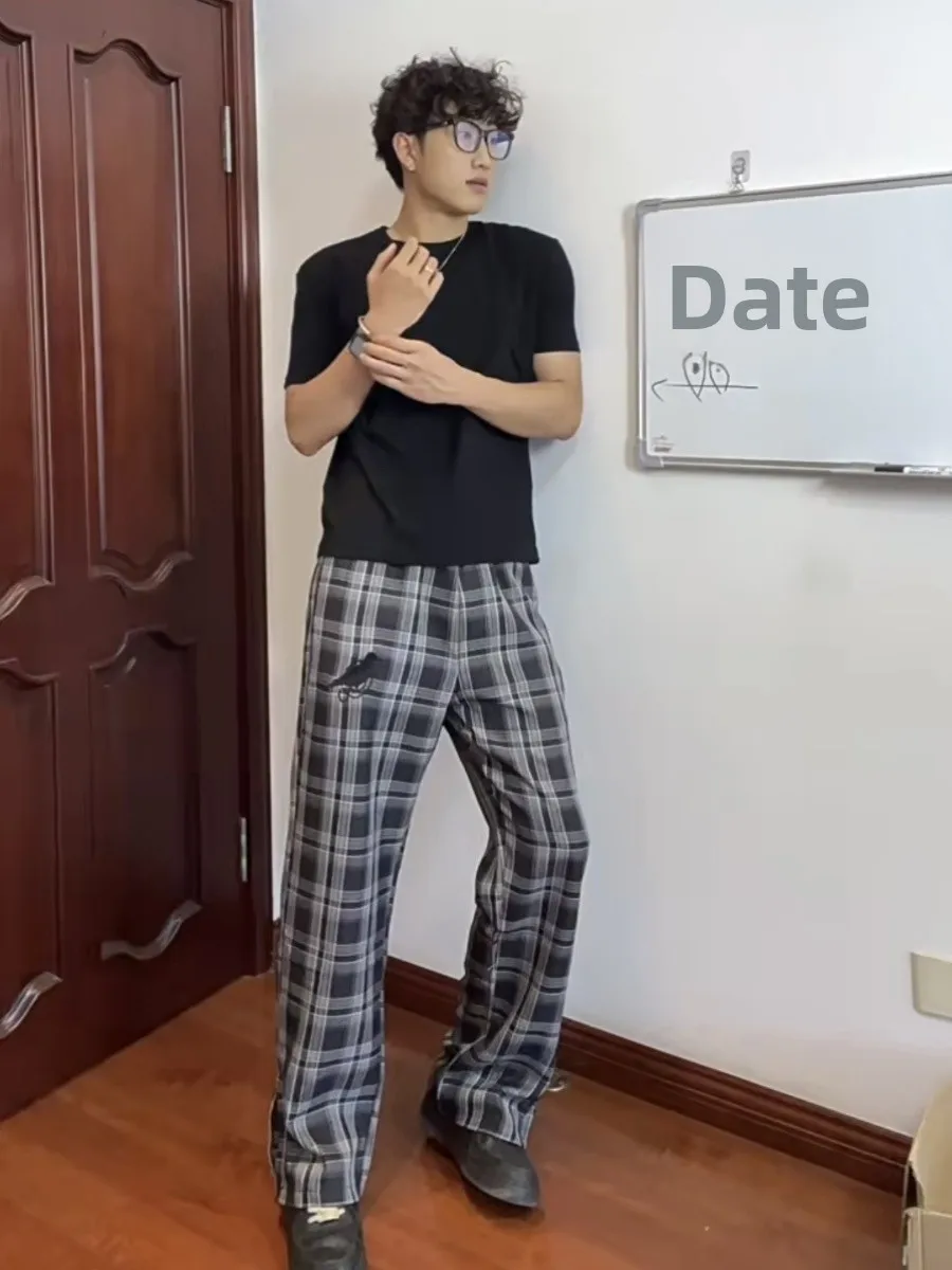 

American Retro Plaid Pants Men's Lazy Sle Trendy Vintage Straight Leg Casual Long Trousers Daily Wear Comfortable Autumn