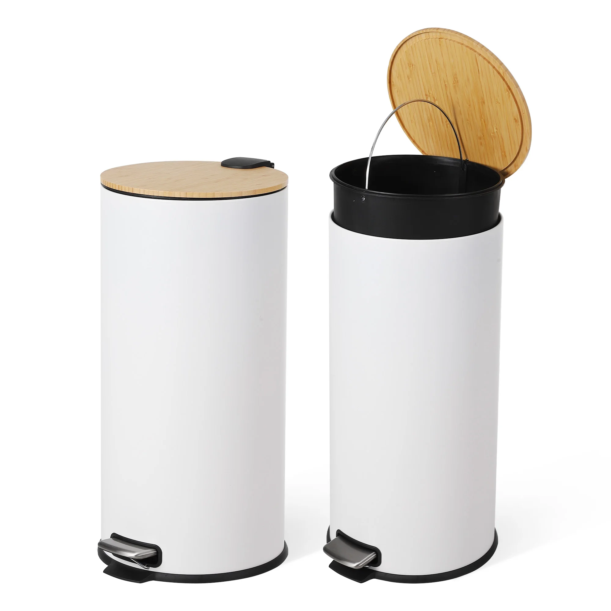 Kitchen Trash Can, 8 Gallon 30L Stainless Steel Step Trash Can with Soft Close Bamboo Lid, Removable Inner Bucket, Fingerprint Resistant Slim Round Waste Bin for Home Bathroom Office
