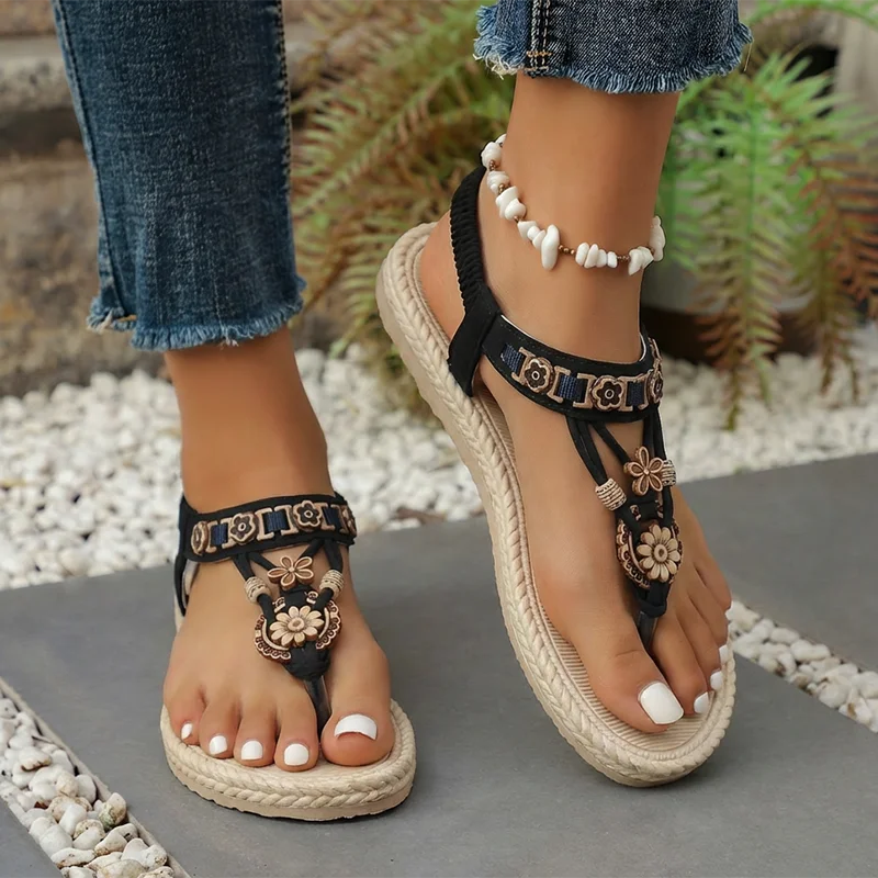 YNPO 2026 Summer Bohemia Style Flats Sandals Women Summer Slip on Clip Toe Beach Sandles Woman Lightweight Gladiator Sandalias