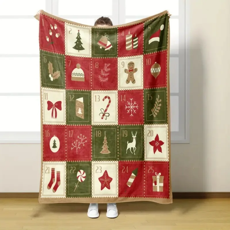 Red Green Grid Christmas Advent Calendar Vintage Fleece Blanket For Holiday Countdown Cozy Plush Throw Blanket Gift